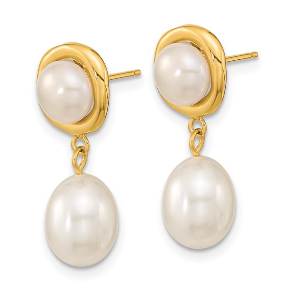 14k 5-7mm White Button and Rice Freshwater Cultured Pearl Post Dangle Earrings