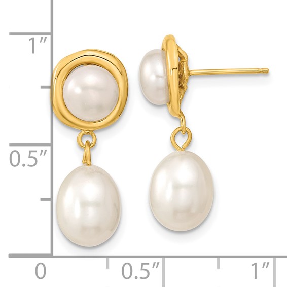 14k 5-7mm White Button and Rice Freshwater Cultured Pearl Post Dangle Earrings