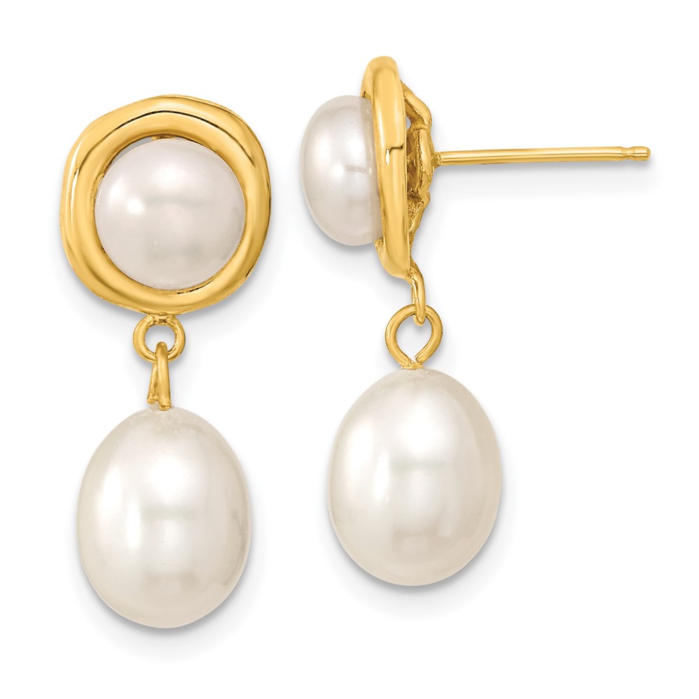 14k 5-7mm White Button/Rice Freshwater Cultured Pearl Dangle Post Earrings