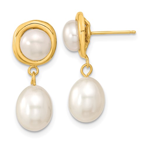 14k 5-7mm White Button and Rice Freshwater Cultured Pearl Post Dangle Earrings