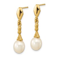 14K Yellow Gold 5-6mm White Teardrop Freshwater Cultured Pearl Post Dangle Earrings view 2