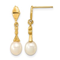 14K Yellow Gold 5-6mm White Teardrop Freshwater Cultured Pearl Post Dangle Earrings view 1