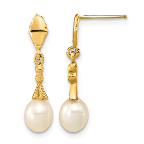 14K Yellow Gold 5-6mm White Teardrop Freshwater Cultured Pearl Post Dangle Earrings