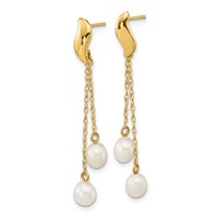14K Yellow Gold 4-5mm White Rice Freshwater Cultured Pearl Chain Dangle Post Earrings view 2
