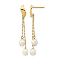 14K Yellow Gold 4-5mm White Rice Freshwater Cultured Pearl Chain Dangle Post Earrings view 1