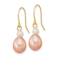 14K Yellow Gold 7-8mm Pink Rice and White Round Freshwater Cultured Pearl Dangle Earrings view 2