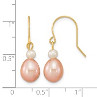 14K Yellow Gold 7-8mm Pink Rice and White Round Freshwater Cultured Pearl Dangle Earrings view 4