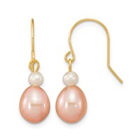 14K Yellow Gold 7-8mm Pink Rice and White Round Freshwater Cultured Pearl Dangle Earrings view 1