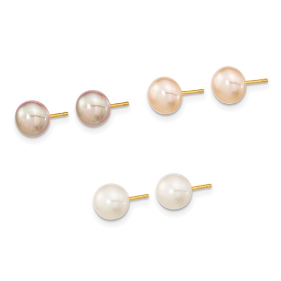 14k 6-7mm Multicolor Button Freshwater Cultured Pearl Boxed 3 Pair Post Earrings Set