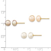 14K Yellow Gold 6-7mm Multicolor Button Freshwater Cultured Pearl Boxed 3 Pair Post Earrings Set view 2