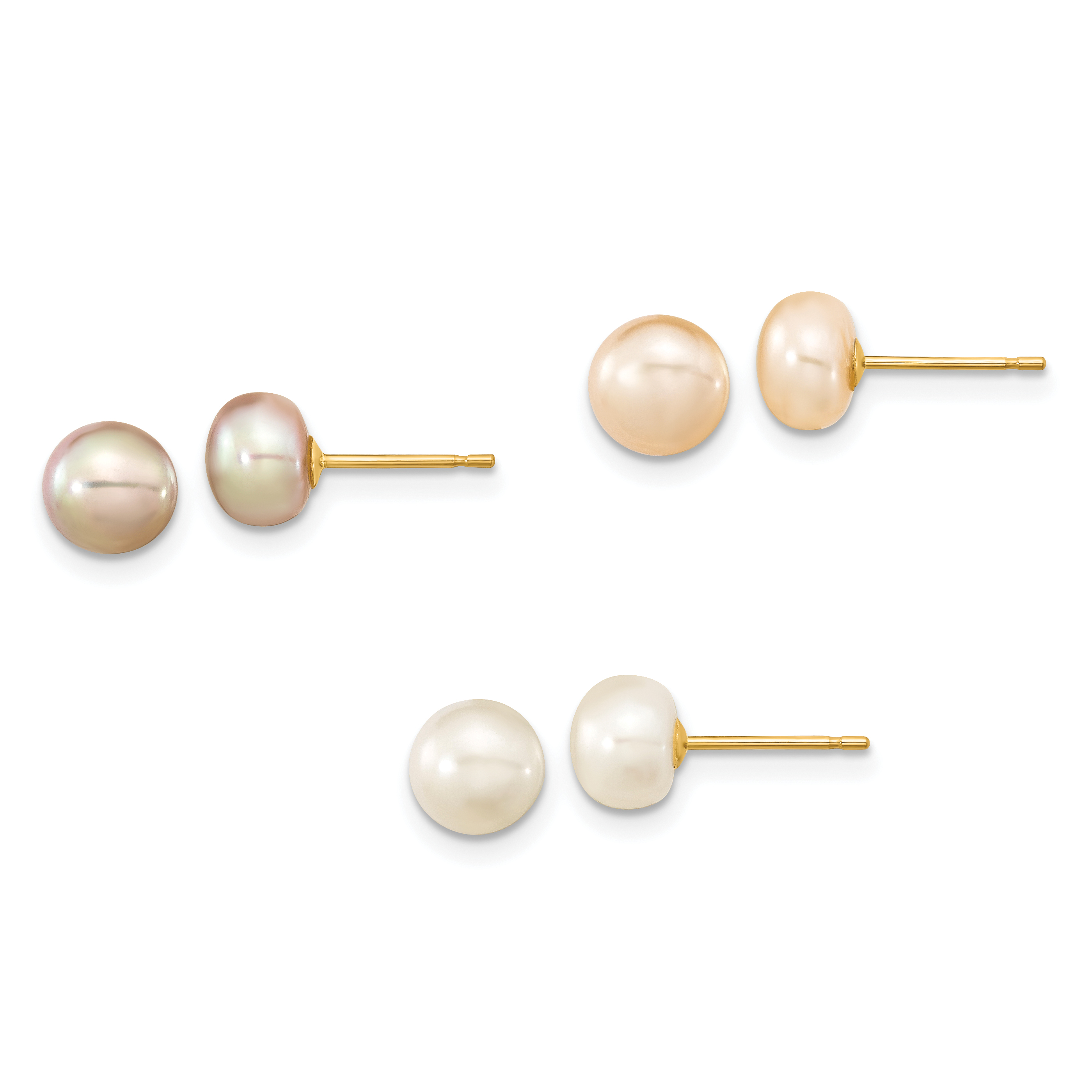 14k 6-7mm Multicolor Button Freshwater Cultured Pearl Boxed 3 Pair Post Earrings Set (XF680SET)
