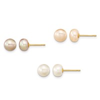 14K Yellow Gold 6-7mm Multicolor Button Freshwater Cultured Pearl Boxed 3 Pair Post Earrings Set view 1