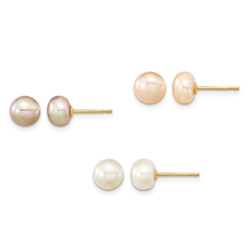 14K Yellow Gold 6-7mm Multicolor Button Freshwater Cultured Pearl Boxed 3 Pair Post Earrings Set