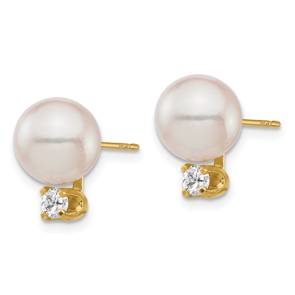 14k 8-9mm White Round Akoya Saltwater Cultured Pearl and 1/5 Carat Diamond Post Earrings (XF682E)