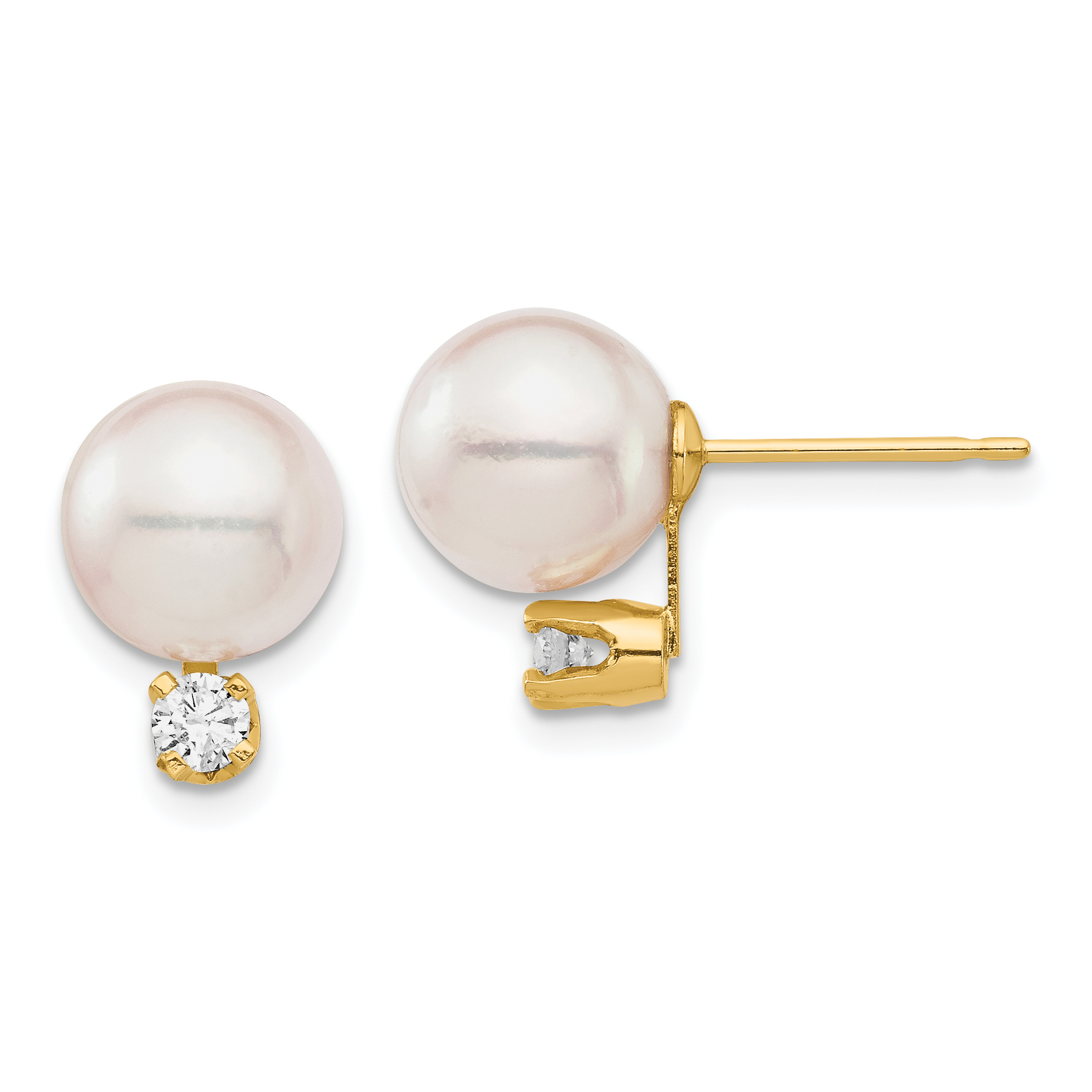 14k 8-9mm White Round Akoya Saltwater Cultured Pearl and 1/5 Carat Diamond Post Earrings (XF682E)