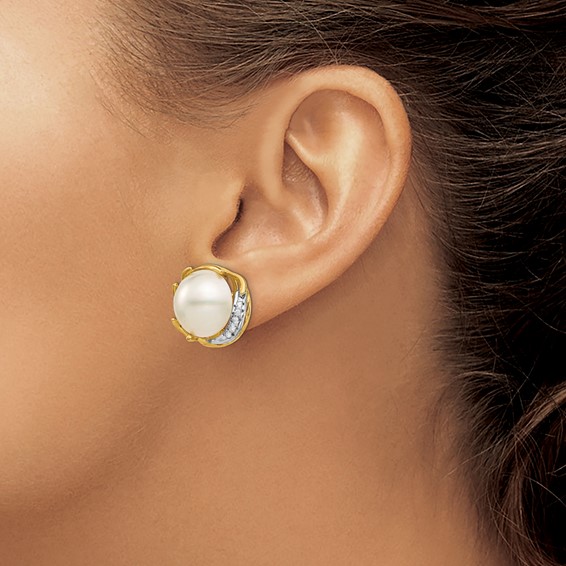 14K 12-13mm Saltwater Cultured Mabe Pearl .10ct Diamond Omega Back Earrings