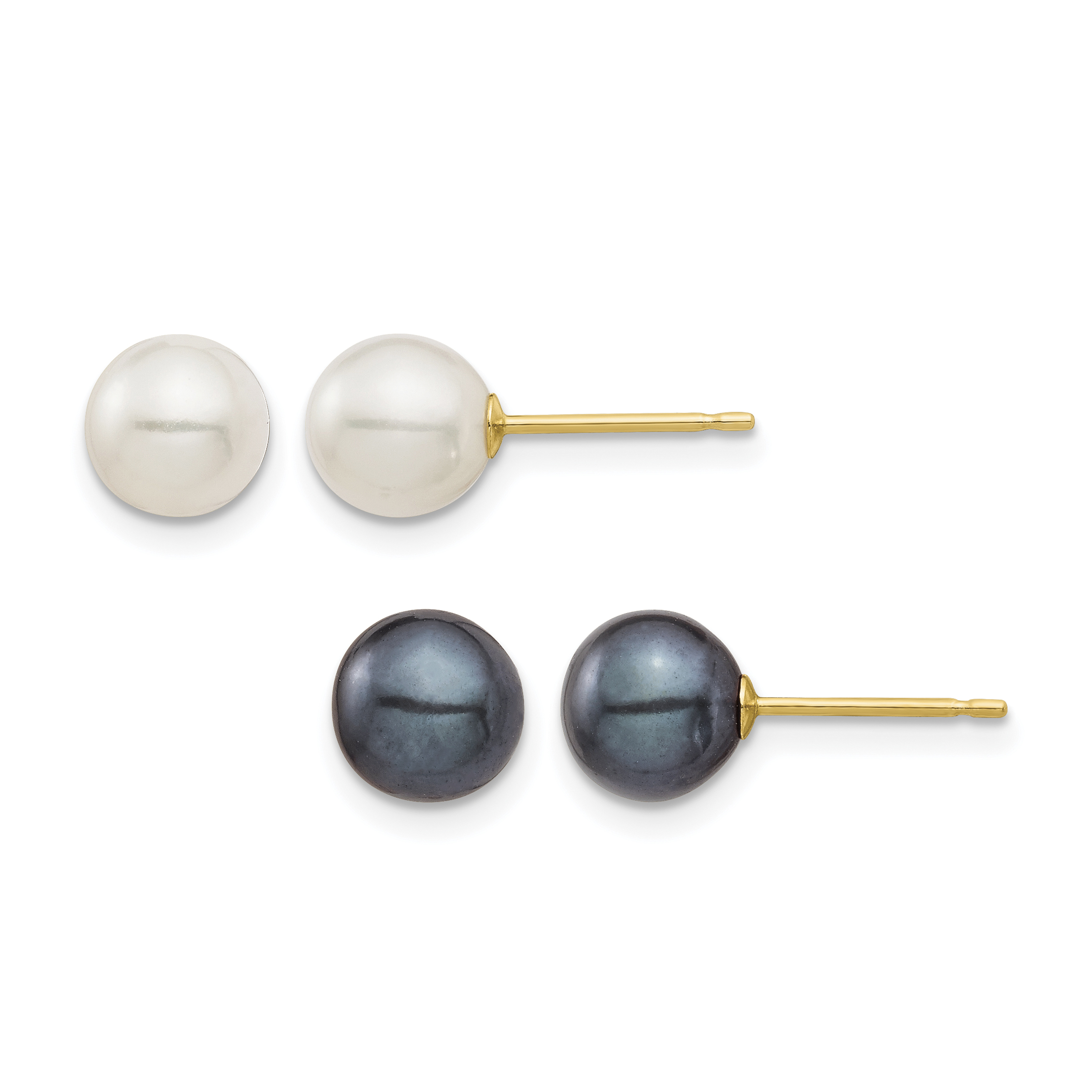 14k 6-7mm Black and White Round Freshwater Cultured Pearl 2 Pair Stud Post Earrings Set (XF690ESET)