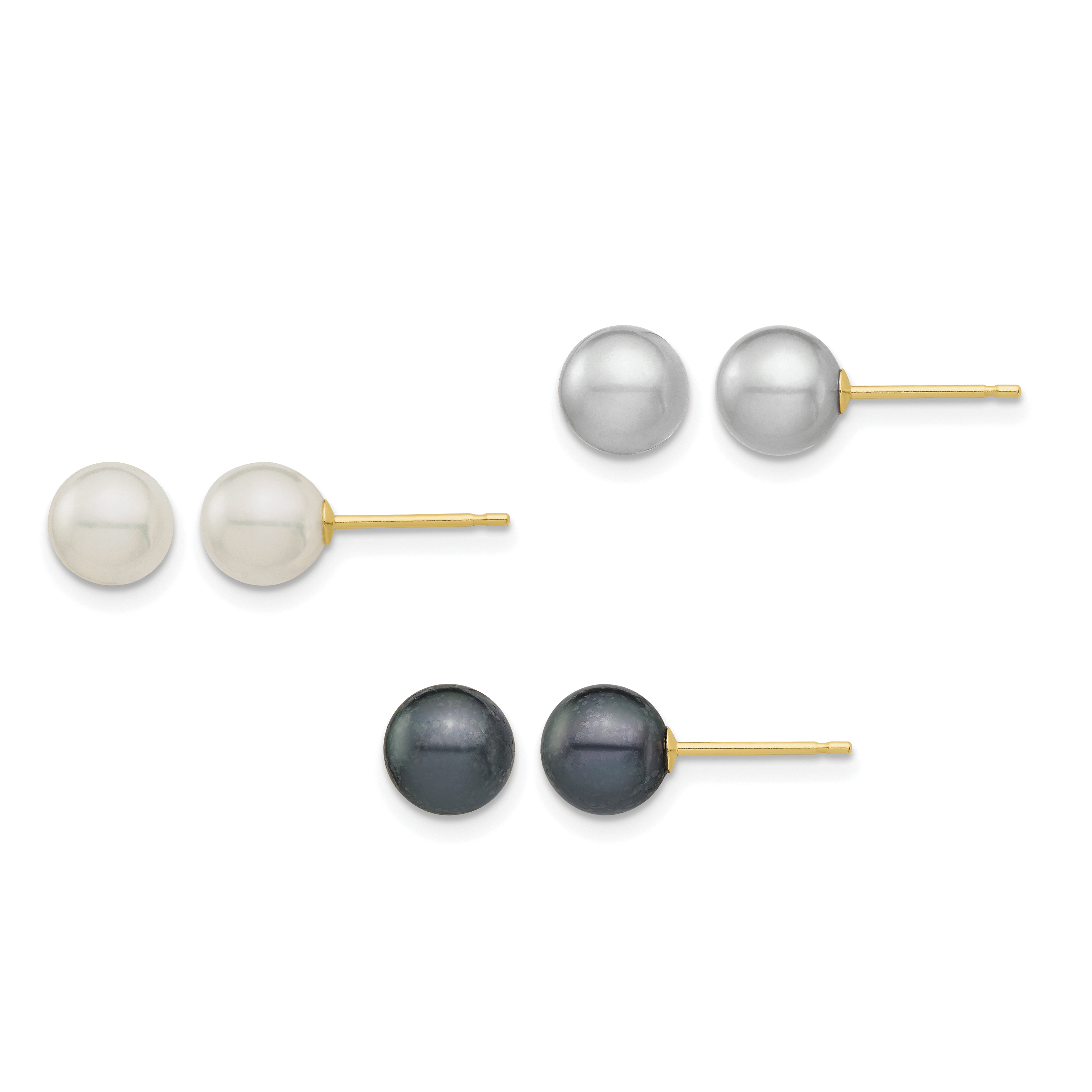 14k 6-6.5mm White, Grey and Black Round Freshwater Cultured Pearl 3 Pair Stud Post Earrings Set (XF691ESET)
