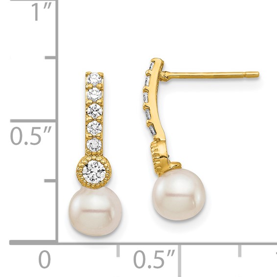 14K 6mm White Semi-round Freshwater Cultured Pearl CZ Post Drop Earrings