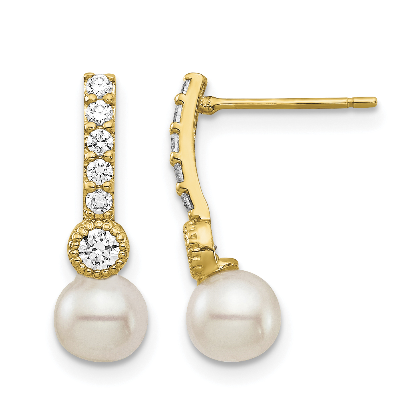 14K 6mm White Semi-round Freshwater Cultured Pearl CZ Post Drop Earrings (XF692E)