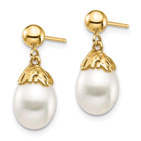 14K 7-8mm White Rice Freshwater Cultured Pearl Post Dangle Earrings