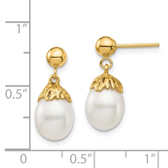 14K 7-8mm White Rice Freshwater Cultured Pearl Post Dangle Earrings
