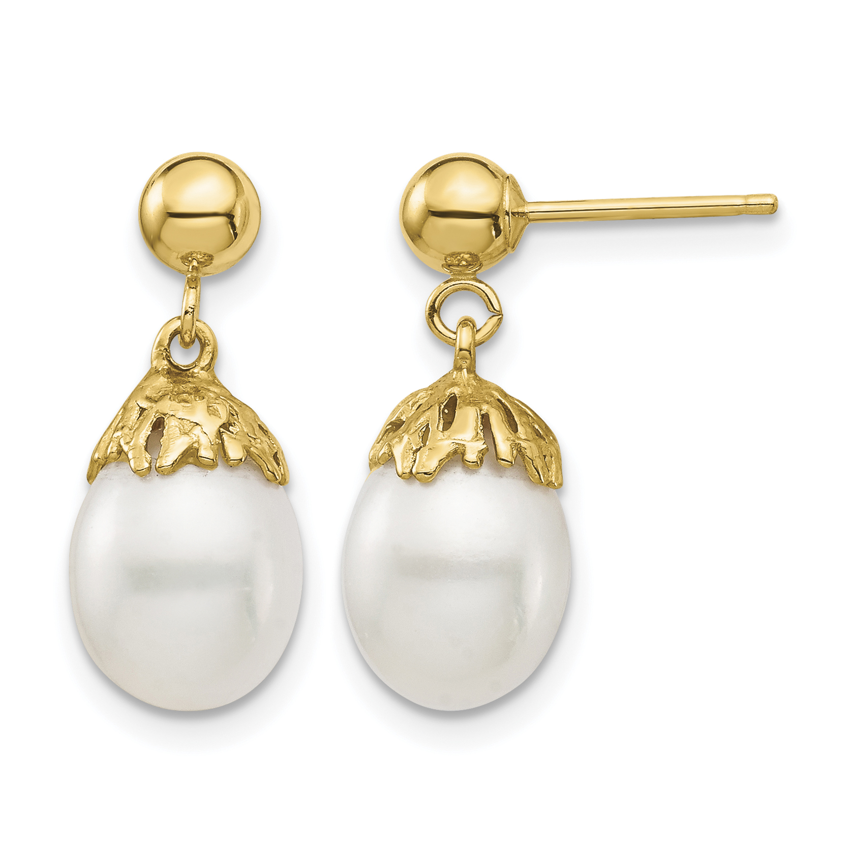 14K 7-8mm White Rice Freshwater Cultured Pearl Post Dangle Earrings (XF693E)