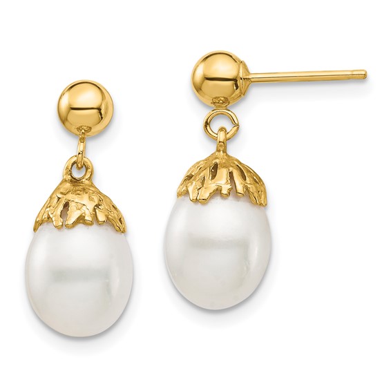 14K 7-8mm White Rice Freshwater Cultured Pearl Post Dangle Earrings
