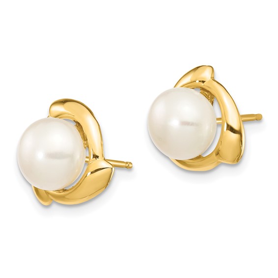 14K 7-8mm White Button Freshwater Cultured Pearl Post Earrings