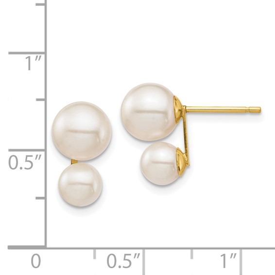 14k 5mm and 7mm White Round Freshwater Cultured Double Pearl Post Earrings