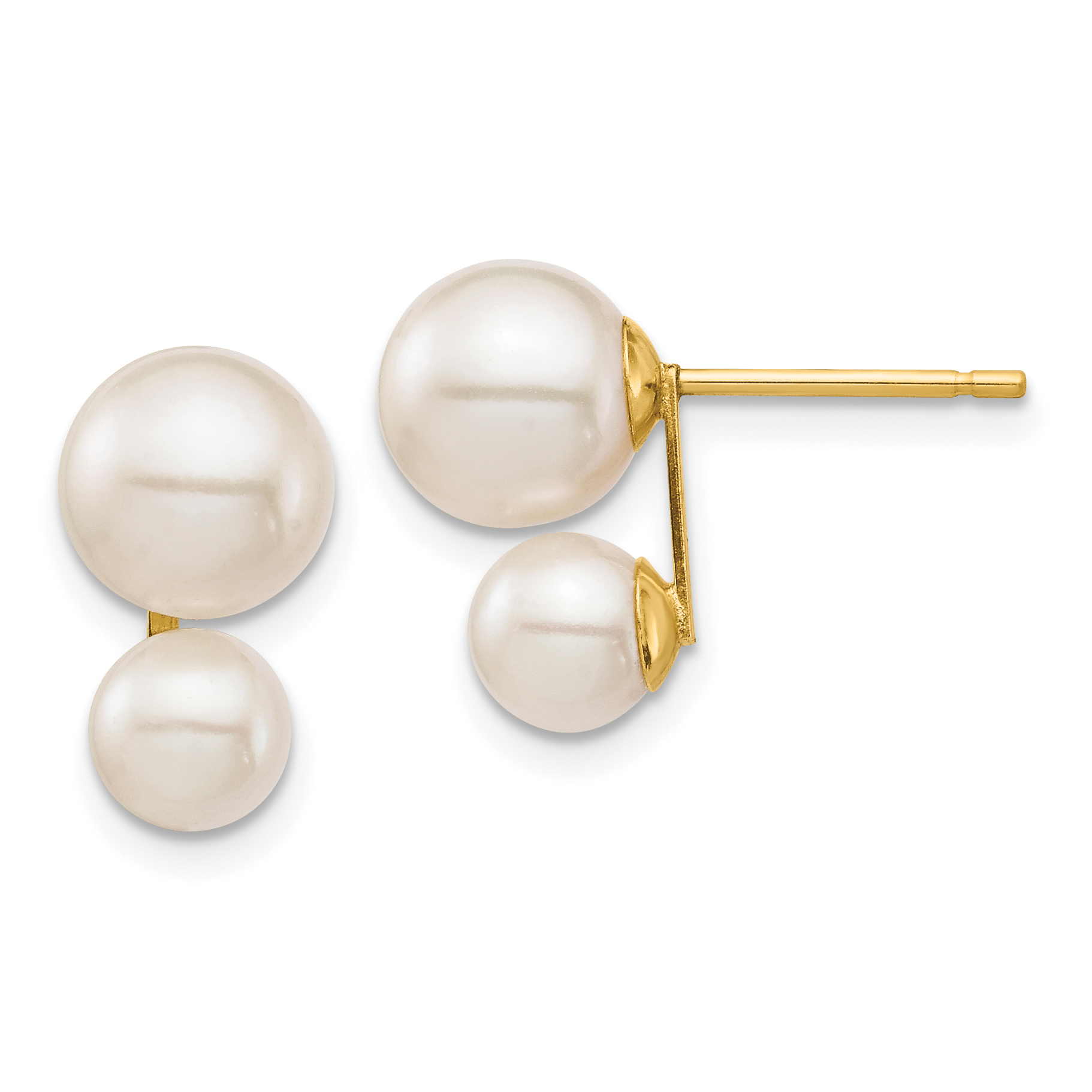 14k 5mm and 7mm White Round Freshwater Cultured Double Pearl Post Earrings (XF698E)
