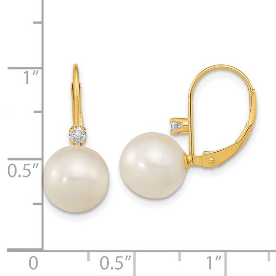 14k 9-9.5mm White Round Freshwater Cultured Pearl and .10 Carat Diamond Leverback Earrings