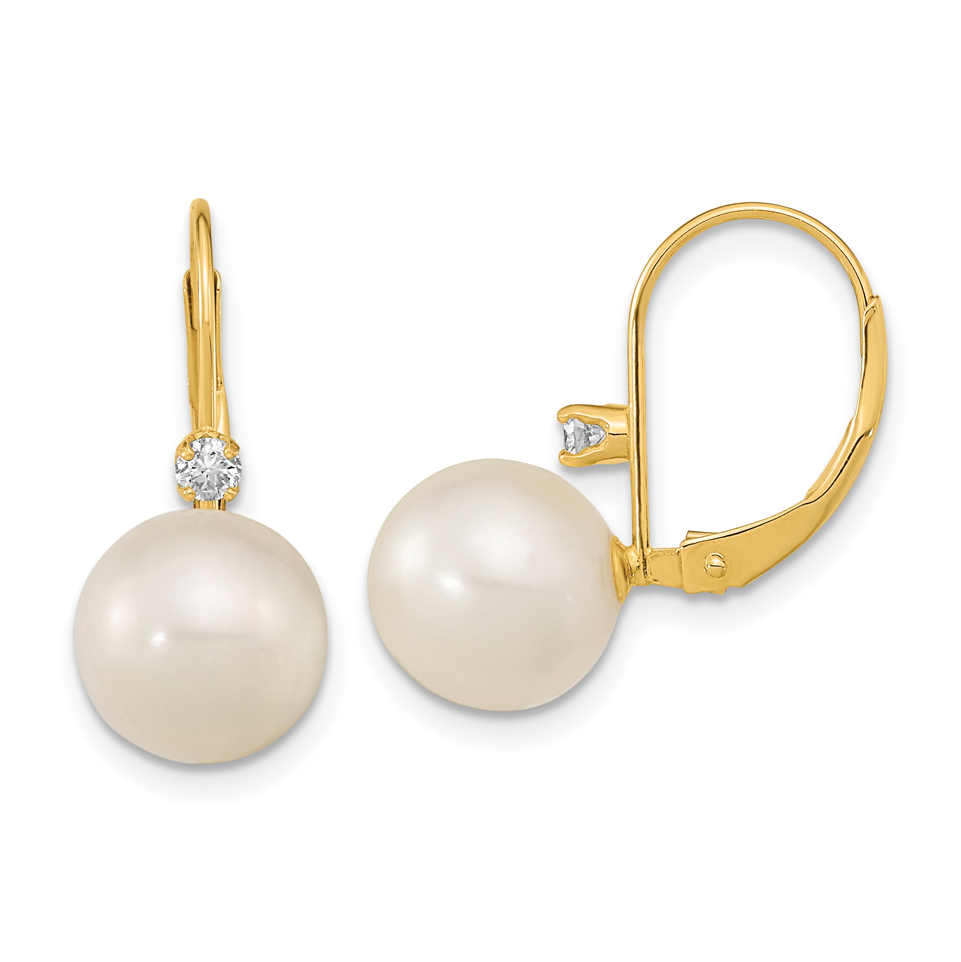 14k 9-9.5mm White Round Freshwater Cultured Pearl and .10 Carat Diamond Leverback Earrings (XF699E)