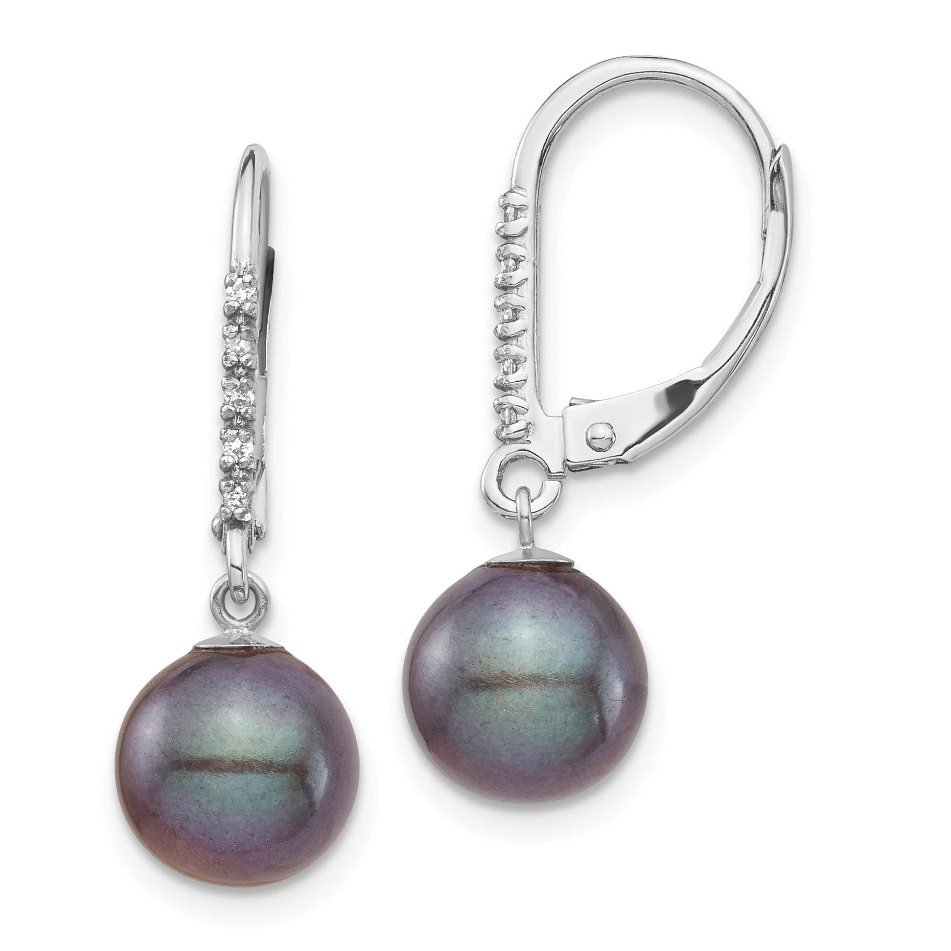 14k White Gold 8-9mm Black Round Freshwater Cultured Pearl and .05 Carat Diamond Dangle Leverback Earrings (XF700E)