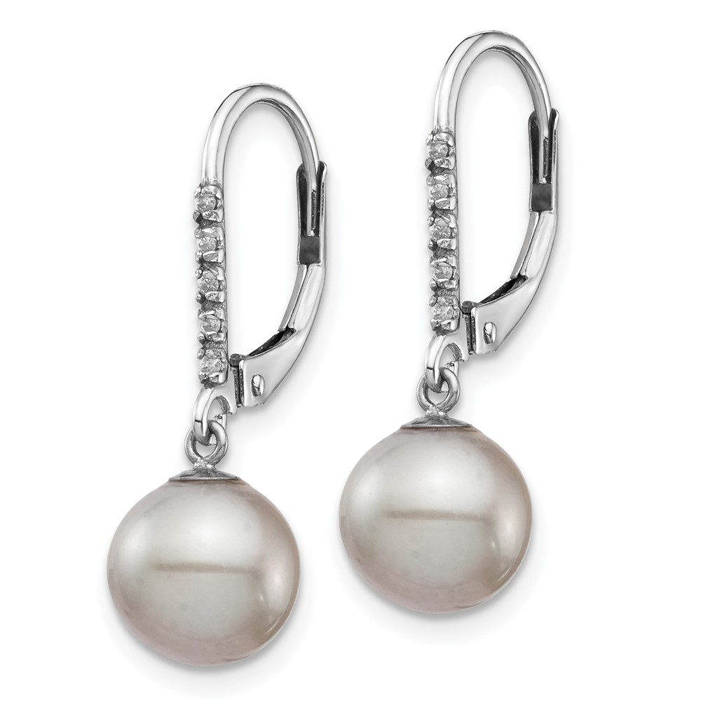 14k White Gold 8-9mm Grey Round Freshwater Cultured Pearl and .05 Carat Diamond Dangle Leverback Earrings (XF701E)