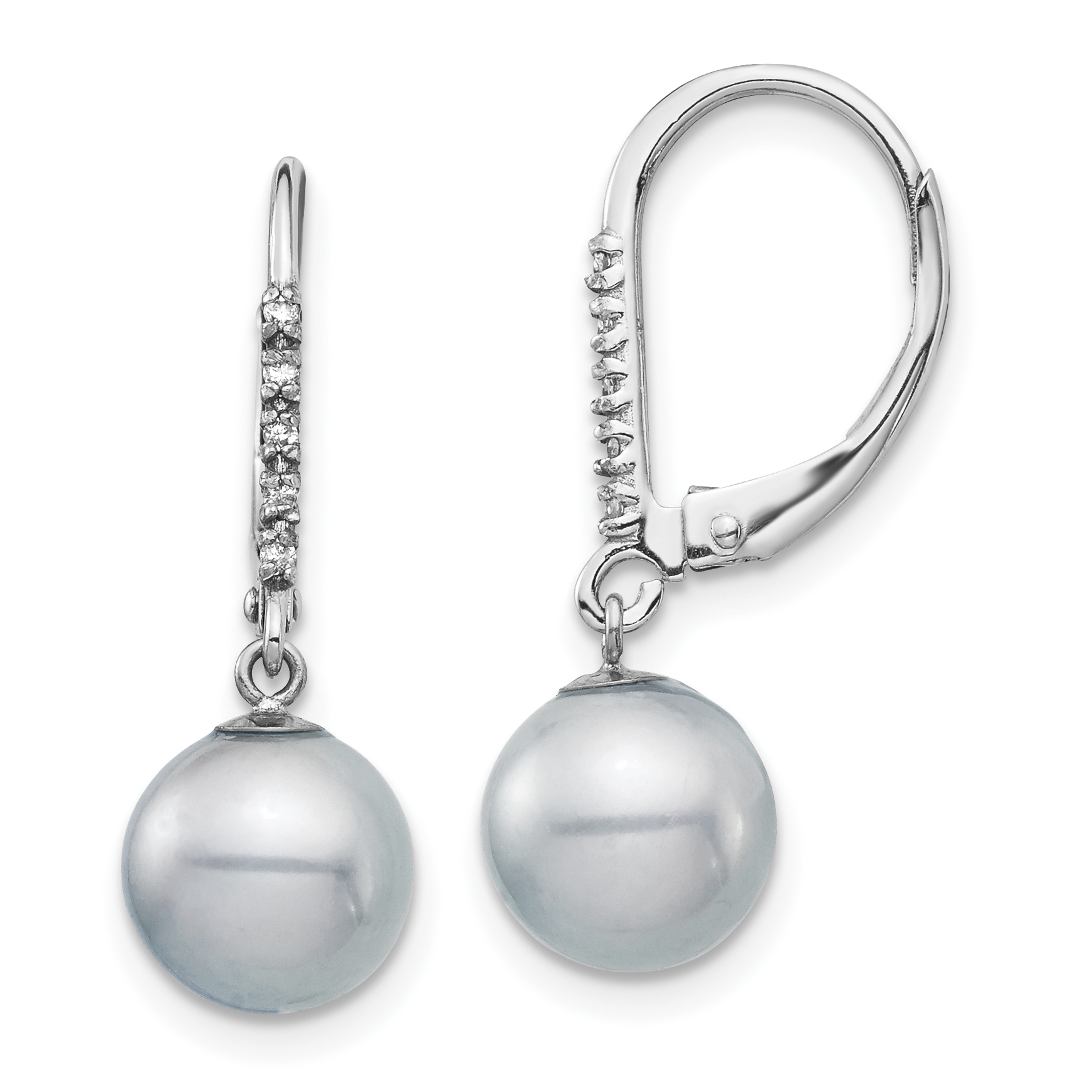 14k White Gold 8-9mm Grey Round Freshwater Cultured Pearl and .05 Carat Diamond Dangle Leverback Earrings (XF701E)