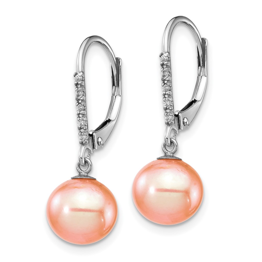 14k White Gold 8-9mm Pink Round Freshwater Cultured Pearl and .05 Carat Diamond Dangle Leverback Earrings (XF702E)