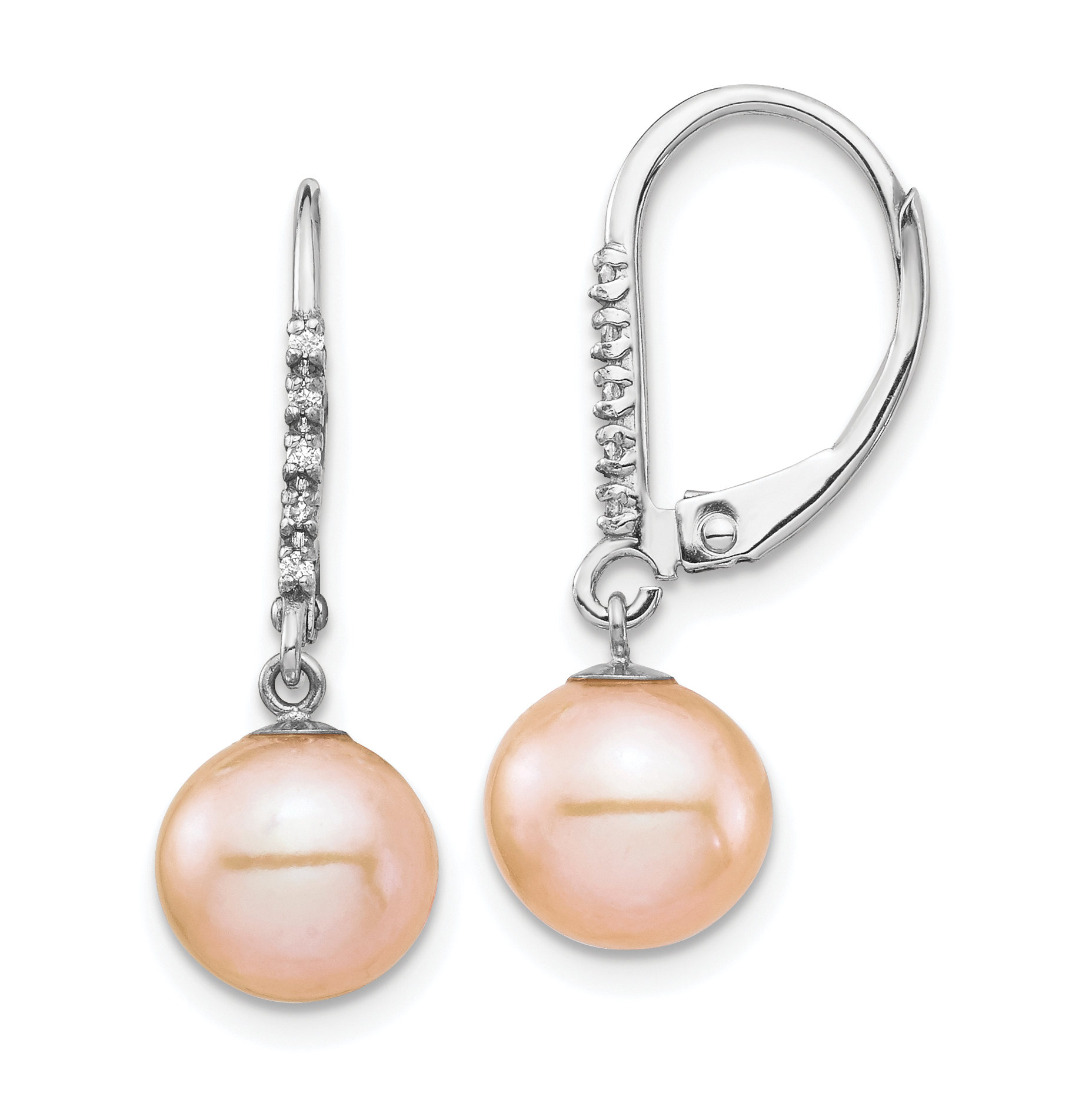 14k White Gold 8-9mm Pink Round Freshwater Cultured Pearl and .05 Carat Diamond Dangle Leverback Earrings (XF702E)