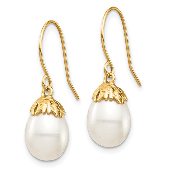 14K 7-8mm White Rice Freshwater Cultured Pearl Shepherd Hook Dangle Earrings