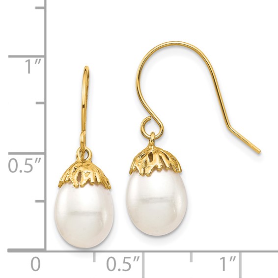 14K 7-8mm White Rice Freshwater Cultured Pearl Shepherd Hook Dangle Earrings