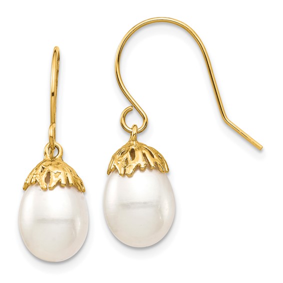 14K 7-8mm White Rice Freshwater Cultured Pearl Shepherd Hook Dangle Earrings