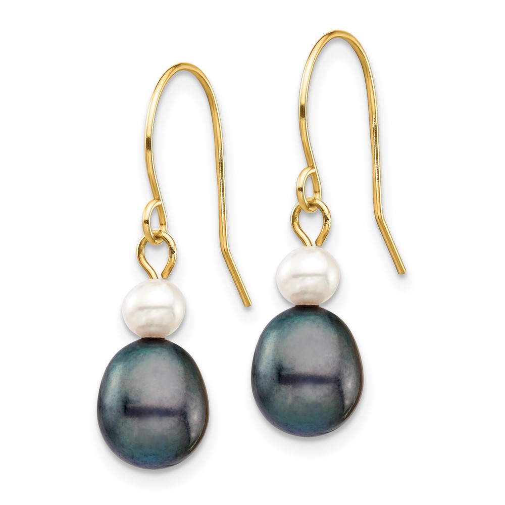 14k 4-7mm Black Rice and White Round Freshwater Cultured Pearl Dangle Earrings (XF705E)