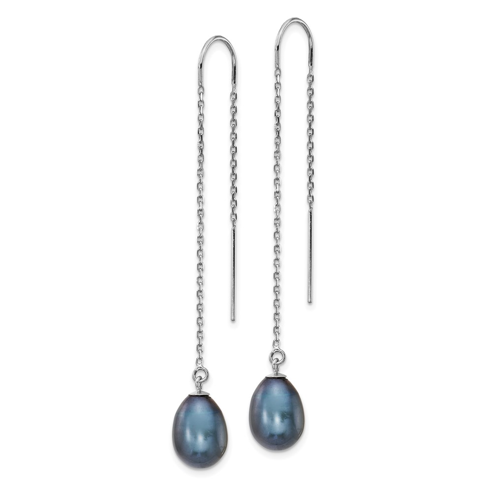 14k White Gold 7-8mm Black Teardrop Freshwater Cultured Pearl Threader Earrings (XF706E)