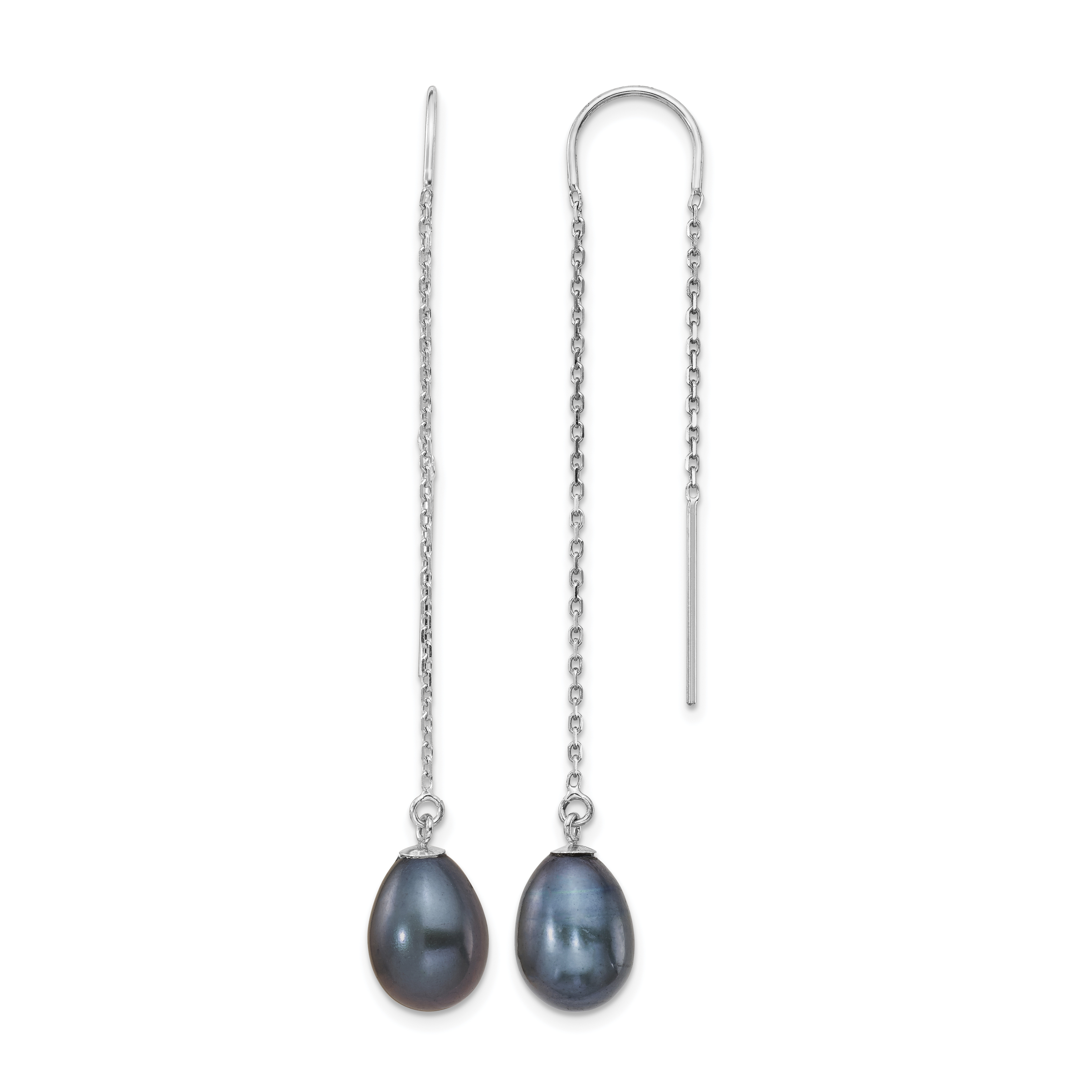 14k White Gold 7-8mm Black Teardrop Freshwater Cultured Pearl Threader Earrings (XF706E)