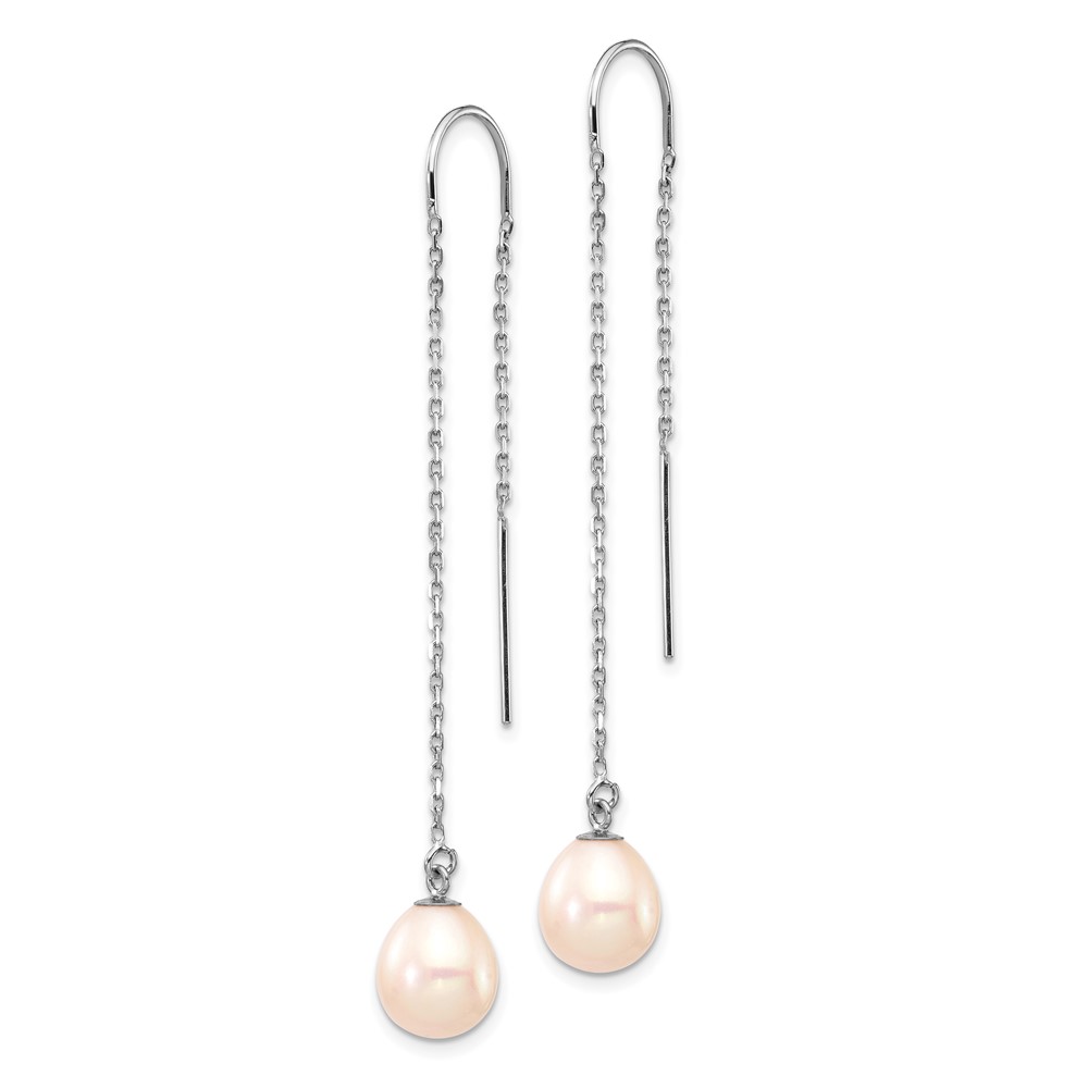 14k White Gold 7-8mm White Teardrop Freshwater Cultured Pearl Threader Earrings (XF707E)