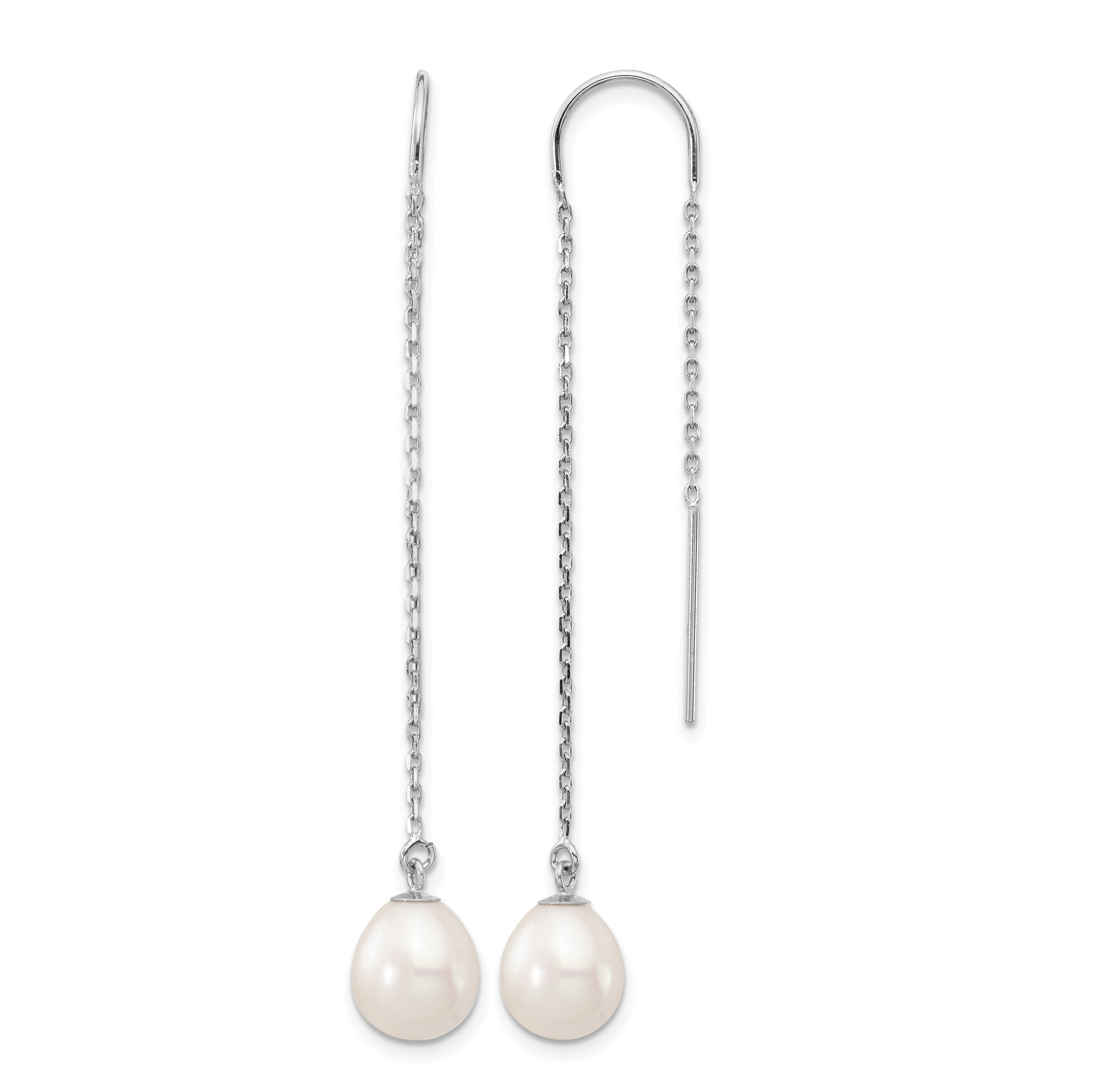 14k White Gold 7-8mm White Teardrop Freshwater Cultured Pearl Threader Earrings (XF707E)