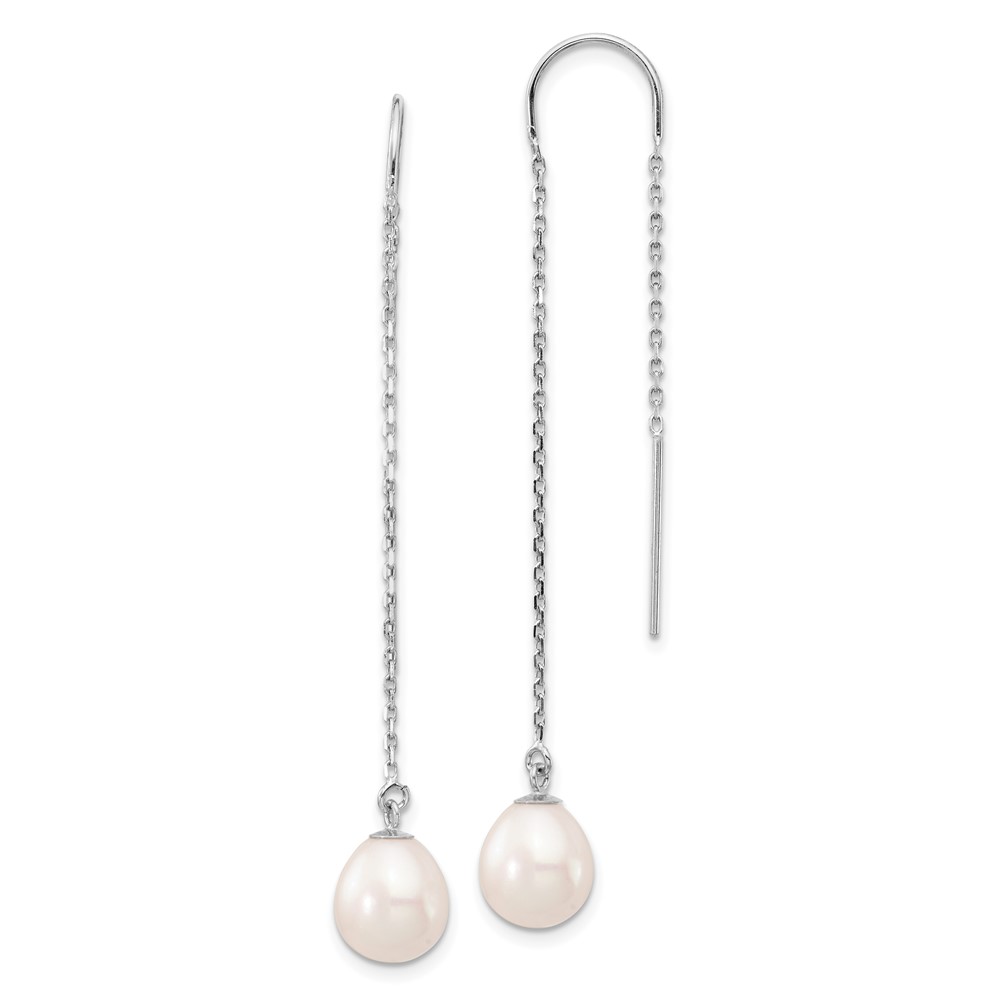 14K White Gold 7-8mm White Teardrop FW Cultured Pearl Threader Earrings