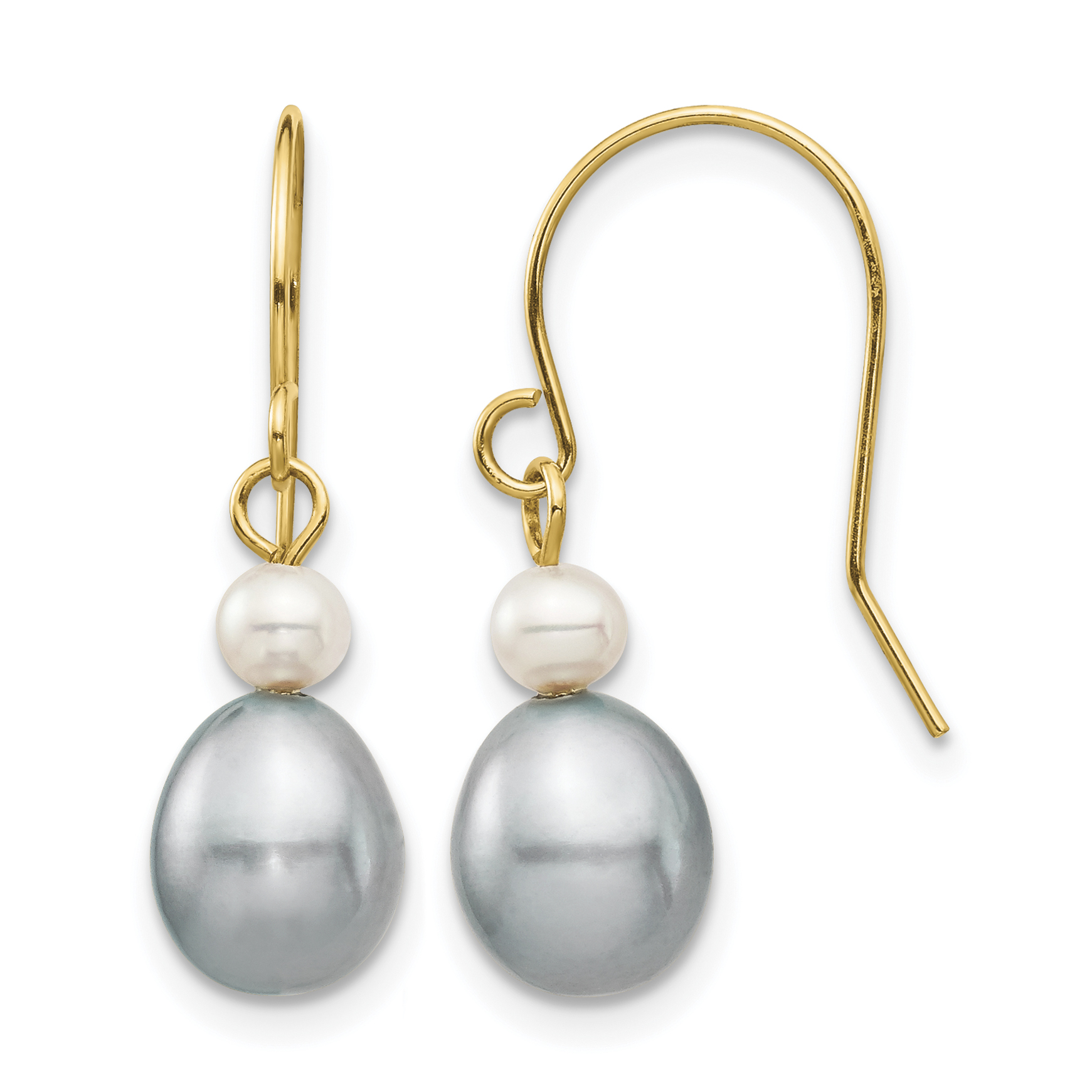14k 4-7mm Grey Rice and White Round Freshwater Cultured Pearl Dangle Earrings (XF709E)