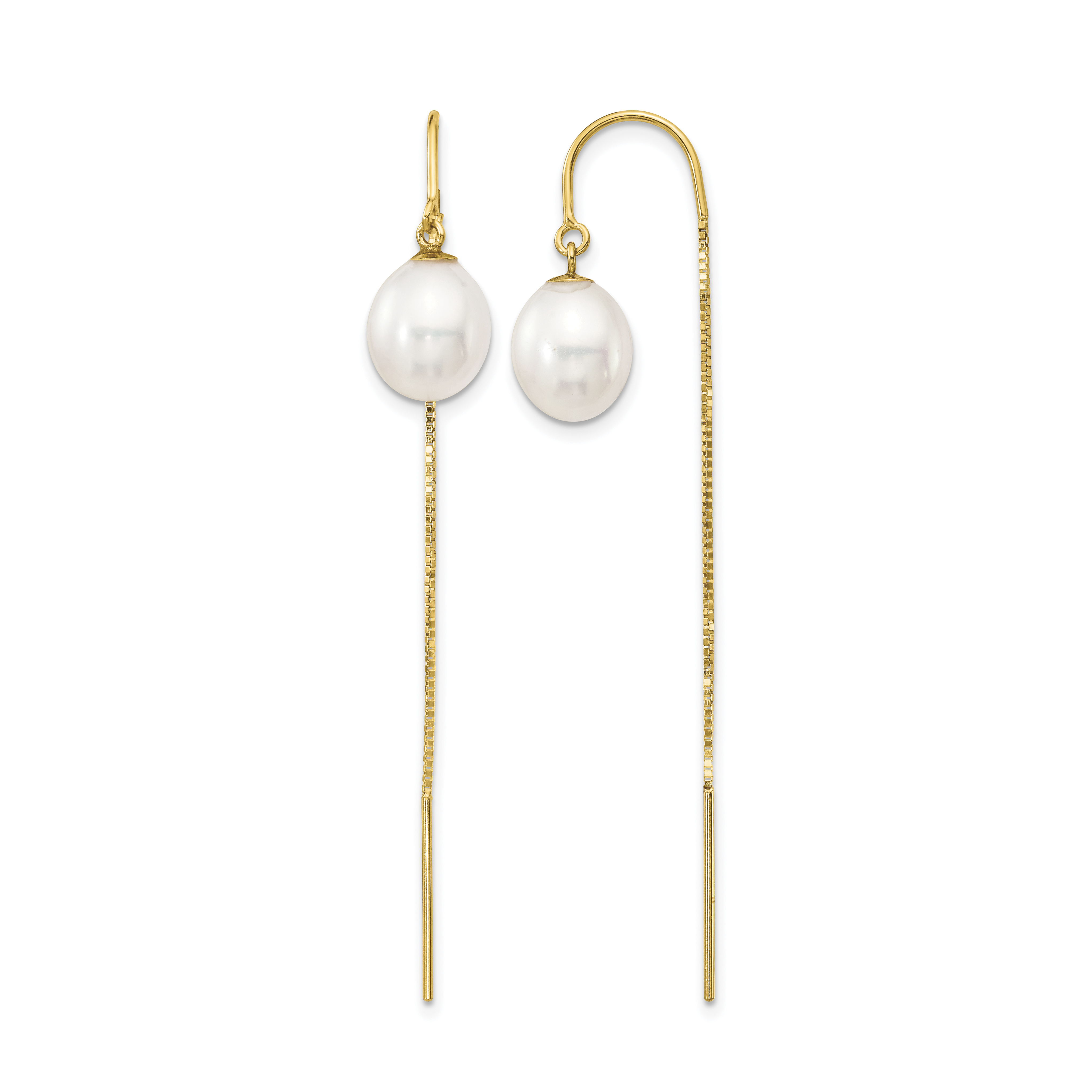 14k 7-8mm White Rice Freshwater Cultured Pearl Box Chain Threader Earrings (XF710E)