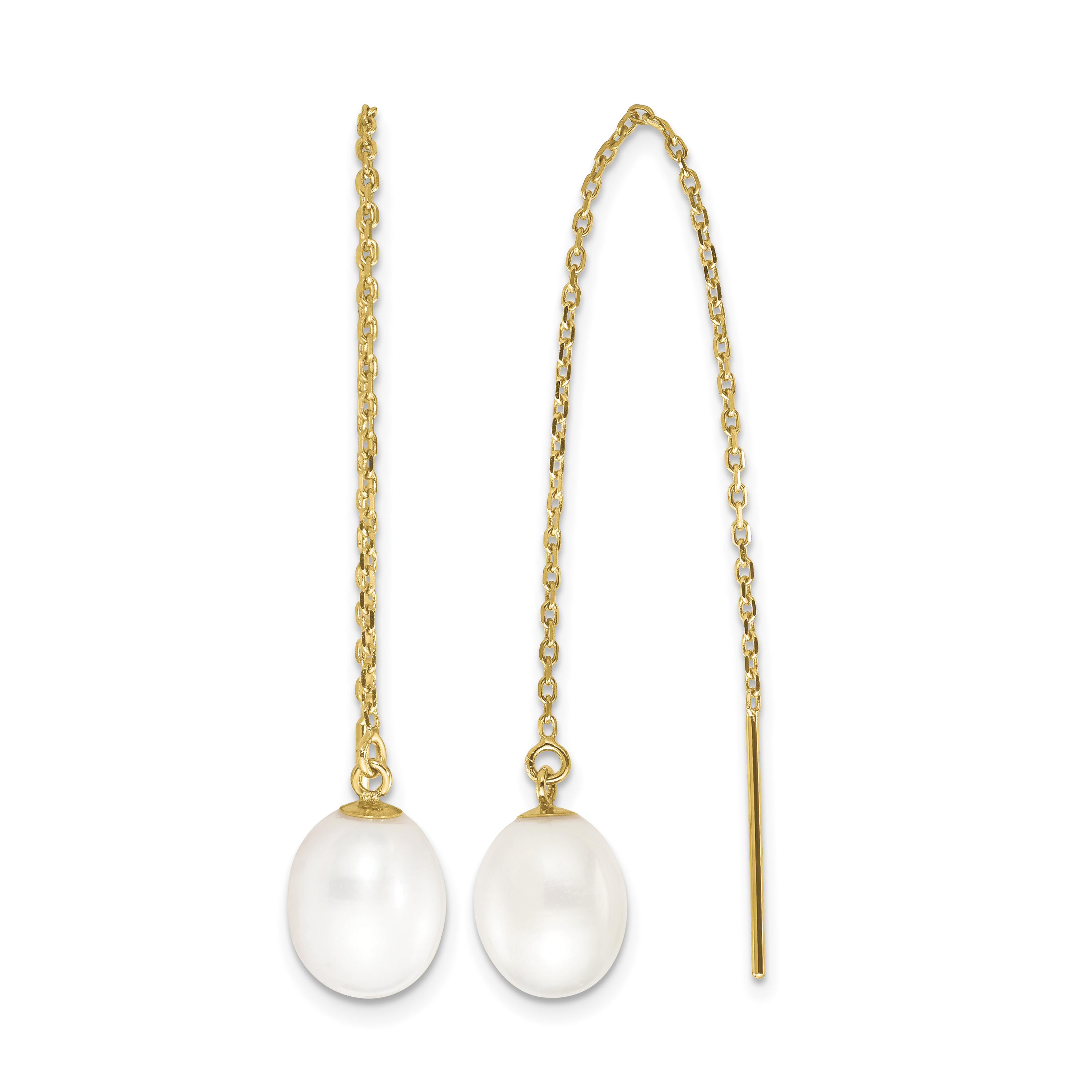 14k 7-8mm White Rice Freshwater Cultured Pearl Cable Chain Threader Earrings (XF711E)